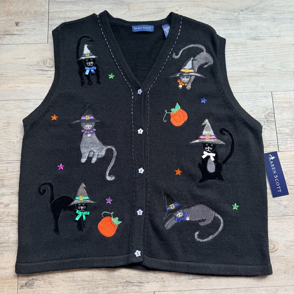 Karen Scott Halloween Sweater Vest XL Witch Cat Pumpkin Black Novelty Knit Y2K